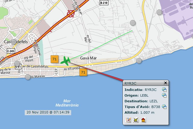 Despegue de un avi�n por la pista principal del aeropuerto de Barcelona-El Prat provocando 71 dB de media als son�metres de Gav� Mar (S�bado, 20 septiembre 2010, 7:14h de la ma�ana)